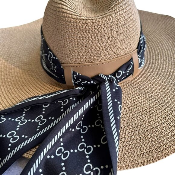 Odiva Summer Hat Khaki Stripe Pattern Band Straw Sun Hat - Picture 8 of 16